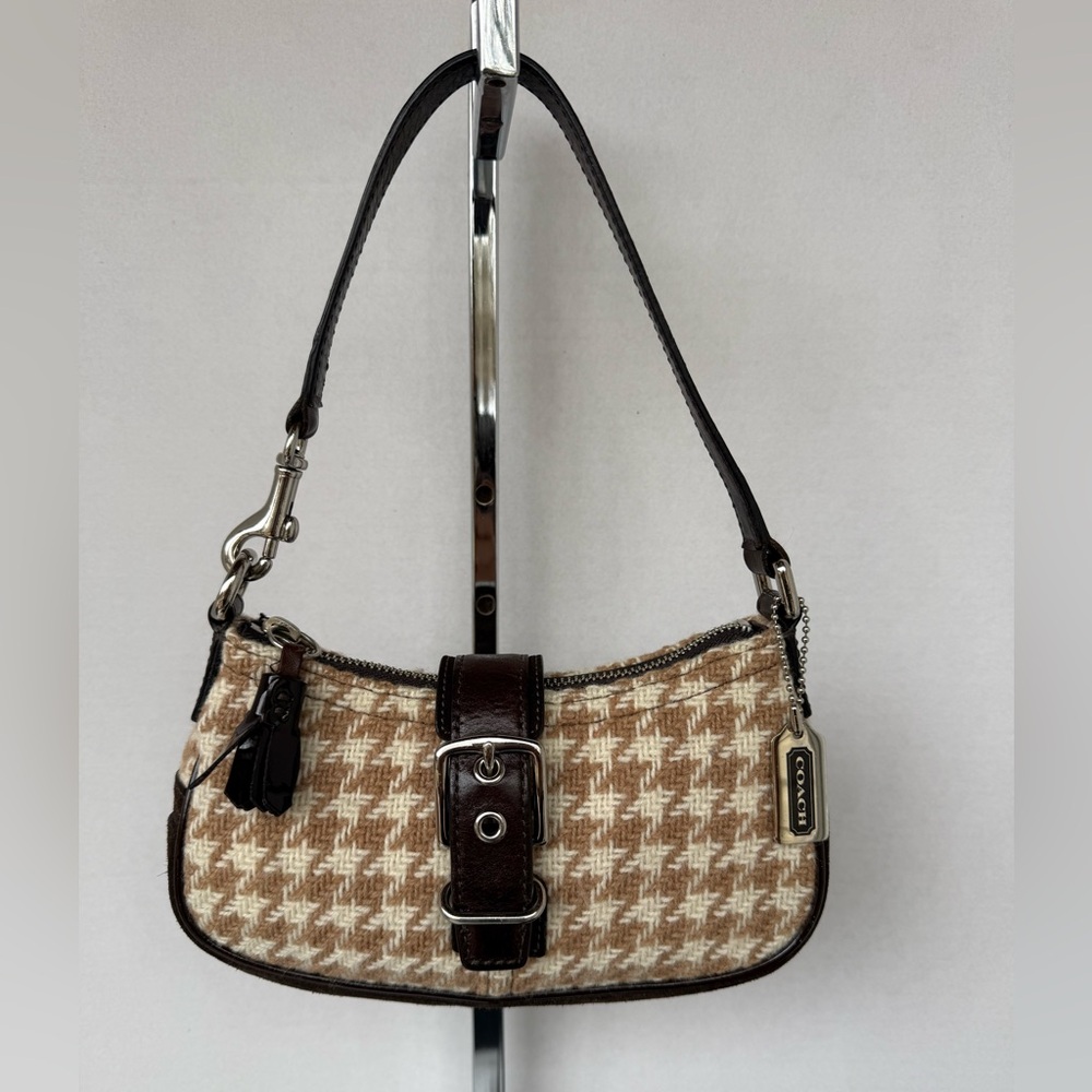 Y2k COACH Wool Houndstooth Beige/Brown BUCKLE Demi Shoulder Bag